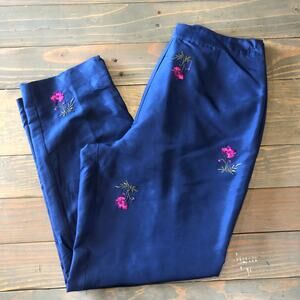 Vintage Casual Corner 100% silk floral embroidered blue pants women's size 12